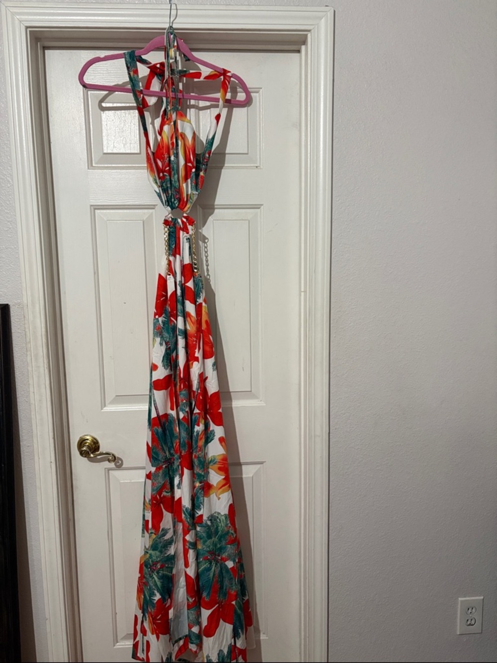 Source Unknown White Floral Halter Backless Maxi Dress with Red & Green Print